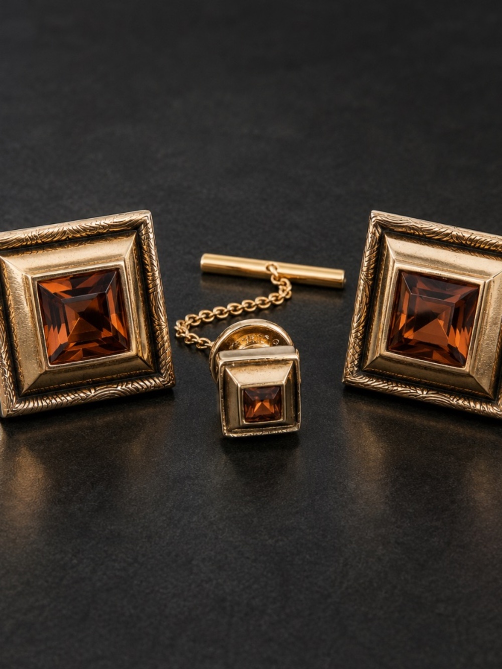 Vintage Hickok Amber Rhinestone Cufflinks & Tie Tack Set – Gold Tone Geometric